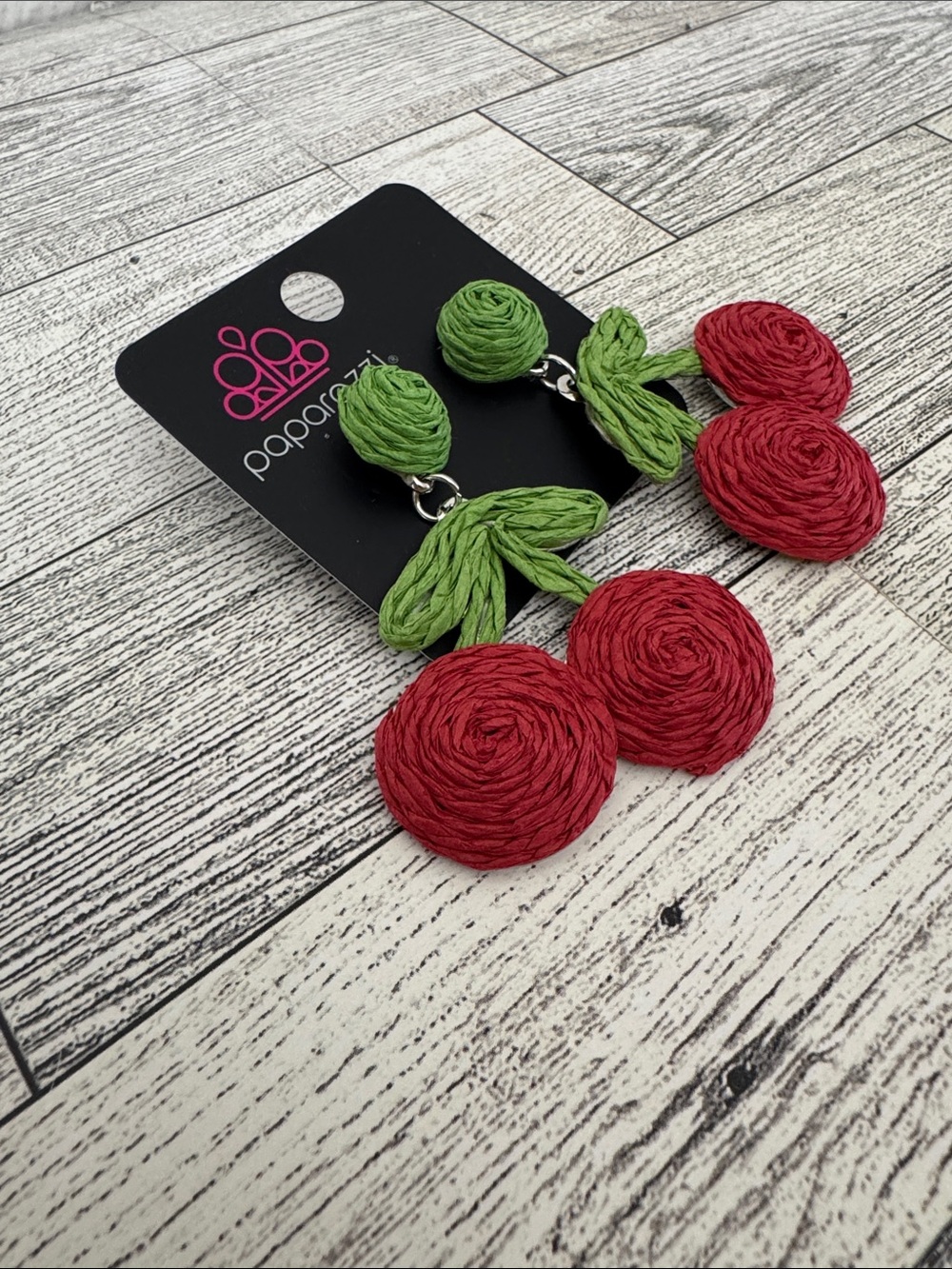 Paparazzi Raffia Crafted Cherry Dangle Earrings NWT - Picture 3 of 5